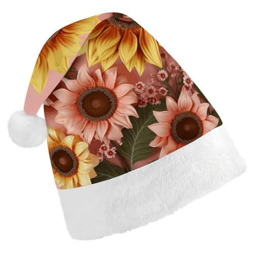 BTCOWZRV Große Sonnenblumen-Weihnachtsmütze, Unisex, Samt, Weihnachtsmannmütze, Weihnachtsmütze für Erwachsene, Neujahr, Party, Kopfbedeckung von BTCOWZRV