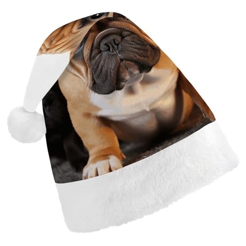 BTCOWZRV Niedliche französische Bulldogge, Weihnachtsmütze, Unisex, Samt, Weihnachtsmannmütze, Weihnachtsmütze für Erwachsene, Neujahr, Party, Kopfbedeckung von BTCOWZRV