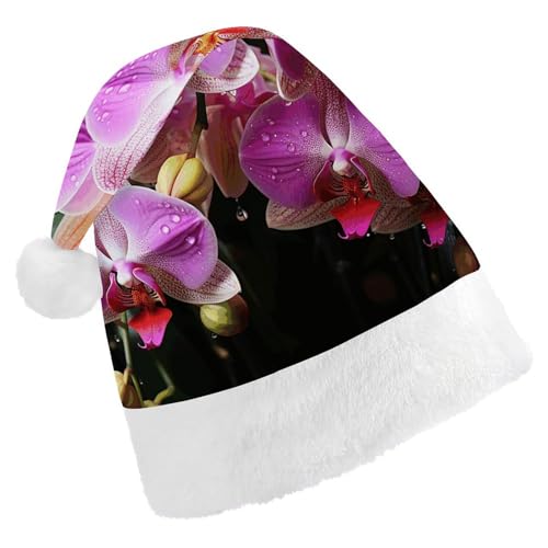 BTCOWZRV Orchideen-Weihnachtsmütze, Unisex, Samt, Weihnachtsmannmütze, Weihnachtsmütze für Erwachsene, Neujahr, Party, Kopfbedeckung von BTCOWZRV