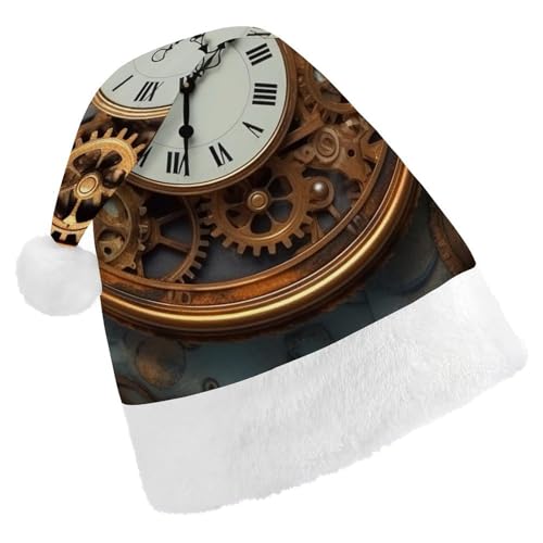 BTCOWZRV Rusty Steampunk Uhr Weihnachtsmütze Uni Samt Weihnachtsmannmütze Xmas Urlaub Hut für Erwachsene Neujahr Party Kopfbedeckung von BTCOWZRV