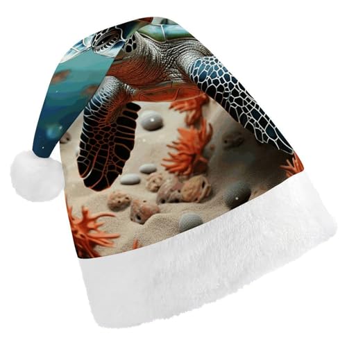 BTCOWZRV Schildkröte Seestern Weihnachtsmütze Unisex Samt Weihnachtsmannmütze Xmas Urlaub Hut für Erwachsene Neujahr Party Kopfbedeckung von BTCOWZRV