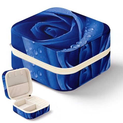 BTCOWZRV Schmuckschatulle für Damen, PU-Leder, Schmuck-Organizer, Reise-Schmuck-Etui, tragbare Schmuck-Aufbewahrungsbox, blaue Rose, Schmuck-Präsentation, Aufbewahrungsbox für Ohrringe, Ringe, von BTCOWZRV