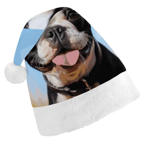 BTCOWZRV Schöne Boston Terrier Weihnachtsmütze, Uni, Samt, Weihnachtsmannmütze, Weihnachtsmütze für Erwachsene, Neujahr, Party, Kopfbedeckung von BTCOWZRV