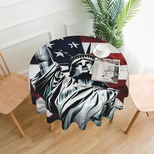 BTCOWZRV Tischdecke mit Freiheitsstatue und amerikanischer Flagge, wasserdicht, öldicht, 152,4 cm, maschinenwaschbar, runde Tischdecke für Party, Küche, Esszimmer, Außen- und Innenbereich, 152,4 cm von BTCOWZRV