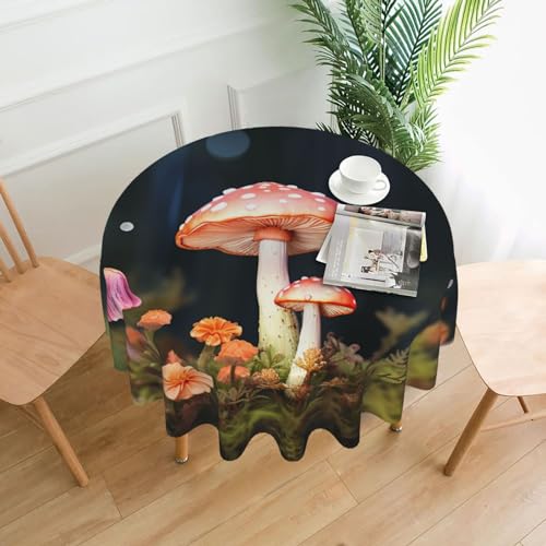 BTCOWZRV Tischdecke mit buntem Pilzdruck, wasserdicht, öldicht, 152,4 cm, maschinenwaschbar, runde Tischdecke für Party, Küche, Esszimmer, Außen- und Innenbereich, 152,4 cm von BTCOWZRV