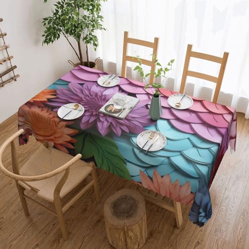 BTCOWZRV Tischdecke mit buntem Schuppen-Hintergrund mit Blumendruck, wasserdicht, öldicht, 137 x 183 cm, maschinenwaschbar, rechteckige Tischdecke für Party, Küche, Esszimmer, Außen- und Innenbereich von BTCOWZRV