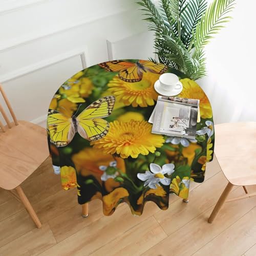 BTCOWZRV Tischdecke mit gelben Schmetterlingen und gelben Gänseblümchen, wasserdicht, öldicht, 152,4 cm, maschinenwaschbar, runde Tischdecke für Party, Küche, Esszimmer, Außen- und Innenbereich von BTCOWZRV