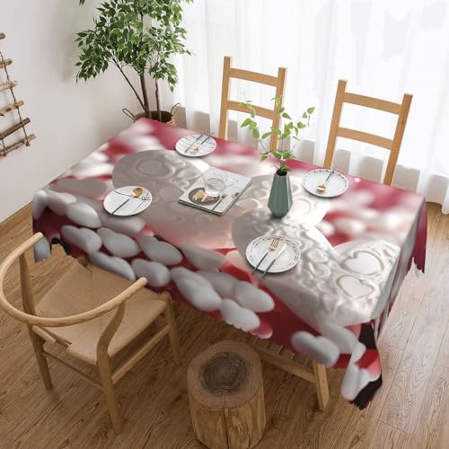 BTCOWZRV Tischdecken mit weißen Herzen, wasserdicht, öldicht, maschinenwaschbar, rechteckig, für Party, Küche, Esszimmer, Außen- und Innenbereich, 137 x 183 cm von BTCOWZRV