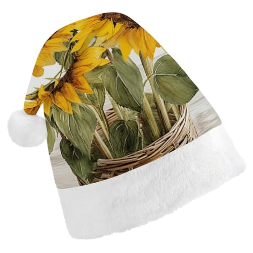 BTCOWZRV Verführerische Sonnenblumen-Weihnachtsmütze, Unisex, Samt, Weihnachtsmannmütze, Weihnachtsmütze für Erwachsene, Neujahr, Party, Kopfbedeckung von BTCOWZRV