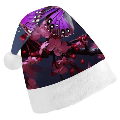 BTCOWZRV Violette Pflaume Schmetterling Weihnachtsmütze Unisex Samt Weihnachtsmannmütze Xmas Urlaub Hut für Erwachsene Neujahr Party Kopfbedeckung von BTCOWZRV