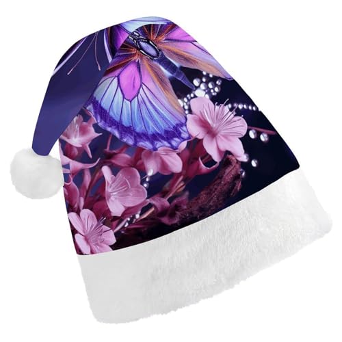 BTCOWZRV Violette Schmetterlings-Blumen-Weihnachtsmütze, Unisex, Samt, Weihnachtsmannmütze, Weihnachtsmütze für Erwachsene, Neujahr, Party, Kopfbedeckung von BTCOWZRV