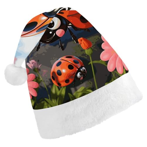 BTCOWZRV Weihnachtsmütze mit Cartoon-Marienkäfer-Blume, Uni, Samt, Weihnachtsmannmütze, Weihnachtsmütze für Erwachsene, Neujahr, Party, Kopfbedeckung von BTCOWZRV