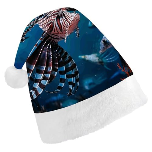 BTCOWZRV Weihnachtsmütze mit Fisch im Aquarium, Unisex, Samt, Weihnachtsmannmütze, Weihnachtsmütze für Erwachsene, Neujahrsparty, Kopfbedeckung von BTCOWZRV