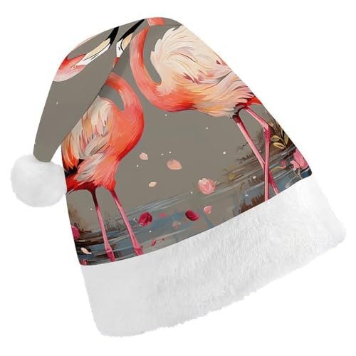 BTCOWZRV Weihnachtsmütze mit Flamingos und Blumen, Unisex, Samt, Weihnachtsmannmütze, Weihnachtsmütze für Erwachsene, Neujahr, Party, Kopfbedeckung von BTCOWZRV