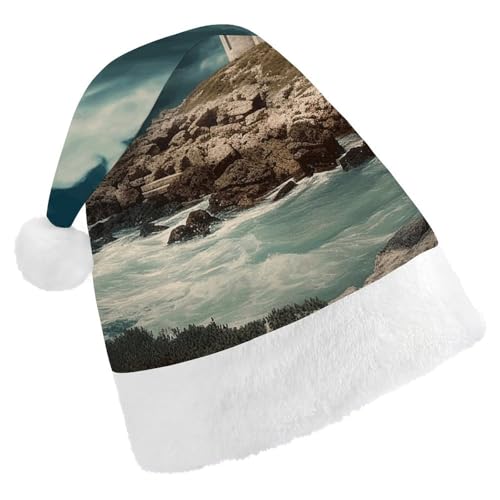 BTCOWZRV Weihnachtsmütze mit Leuchtturm am Meer, Unisex, Samt, Weihnachtsmannmütze, Weihnachtsmütze für Erwachsene, Neujahr, Party, Kopfbedeckung von BTCOWZRV