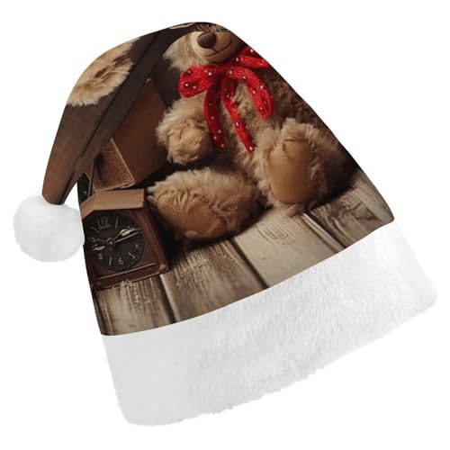 BTCOWZRV Weihnachtsmütze mit Weihnachtsbaumzweig, Bärenpuppe, Unisex, Samt, Weihnachtsmannmütze, Weihnachtsmütze für Erwachsene, Neujahr, Party, Kopfbedeckung von BTCOWZRV