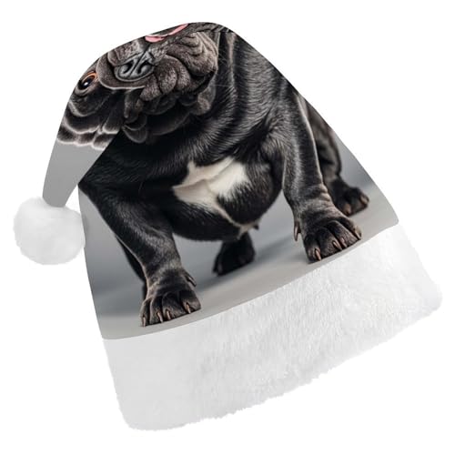 BTCOWZRV Weihnachtsmütze mit englischer Bulldogge, Uni, Samt, Weihnachtsmannmütze, Weihnachtsmütze für Erwachsene, Neujahr, Party, Kopfbedeckung von BTCOWZRV