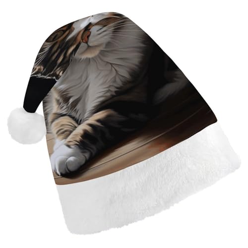 BTCOWZRV Weihnachtsmütze mit getigerter Katze, Unisex, Samt, Weihnachtsmannmütze, Weihnachtsmütze für Erwachsene, Neujahr, Party, Kopfbedeckung von BTCOWZRV