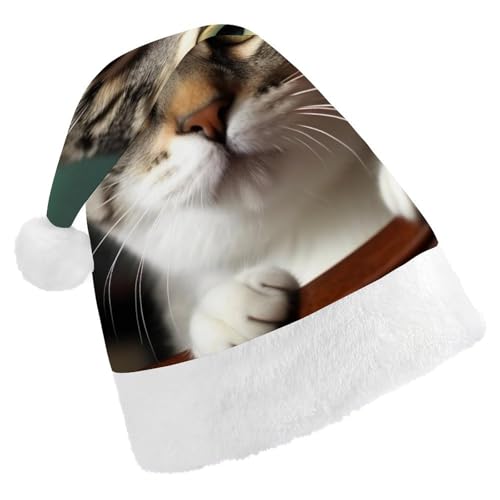 BTCOWZRV Weihnachtsmütze mit neugieriger Katze, Unisex, Samt, Weihnachtsmannmütze, Weihnachtsmütze für Erwachsene, Neujahr, Party, Kopfbedeckung von BTCOWZRV