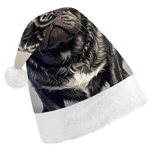 BTCOWZRV Weihnachtsmütze mit niedlichem Mops, Uni, Samt, Weihnachtsmannmütze, Weihnachtsmütze für Erwachsene, Neujahr, Party, Kopfbedeckung von BTCOWZRV