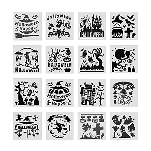 16 Stück Halloween PET Malschablonen Wiederverwendbare Aushöhlen Zeichenvorlagen für Handwerk Kunst Zeichnen Malerei von BTGHPI