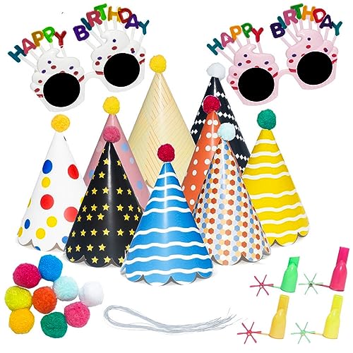 BTGHPI Party Blowers Pfeifen Spielzeug Neuheit Brille für Party Foto Requisiten Geburtstag Party Kegel Hüte Kits Kuchen Kegel Papier Hüte Set von BTGHPI