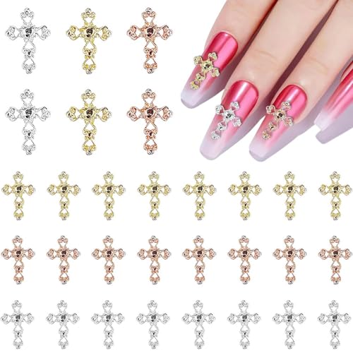 30 Stück Nail Art Charms Set, BTIYMU Nail Art Steine Roségold Nagel Steine Kreuz 3D Glitzersteine Nägel Silber Gold, Nail Charms Silver Cross Goldene Nagel Deko Steinchen Klein Schmuck Nailart Zubehör von BTIYMU