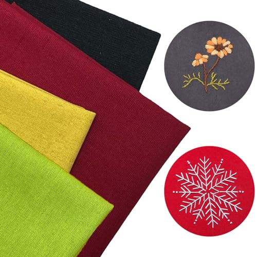 BTIYMU 4 Stück Leinenstoff Natur Stoff zum Sticken, Kreuzstich Stoff Dünn Fein Embroidery Fabric für Kinder Erwachsener, Baumwolle Leinen Stoffe Meterware Grob Stick Stoffe Schwarz Rot Gelb Grün 50cm von BTIYMU