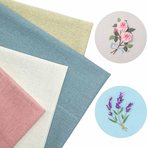 4 Stück Leinenstoff Natur Stoff zum Sticken, BTIYMU Kreuzstich Stoff Dünn Fein Embroidery Fabric für Kinder Erwachsener, Baumwolle Leinen Stoffe Meterware Grob Stick Stoffe Weiß Beige Blau Rosa von BTIYMU