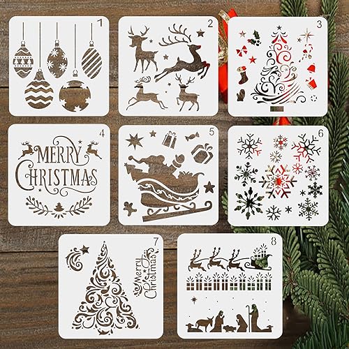 8 Stück Schablonen Weihnachten, BTORER Wiederverwendbarer Zeichenschablonen Malschablonen aus Kunststoff, Christmas Stencil für Scrapbooking Fotoalbum, DIY Weihnachtsdekoration Papier Karte Deko von BTORER BTORER