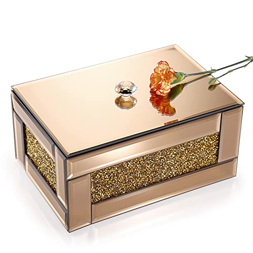 BTSKY Verspiegelte Glas-Schmuckschatulle zum Dekorieren mit zerkleinerten Diamanten, Schmuck-Organizer, Aufbewahrungsbox für Schlafzimmer und Kommode (Gold) von BTSKY