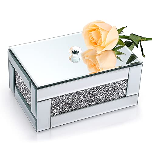 BTSKY Verspiegelte Glas-Schmuckschatulle zum Dekorieren mit zerkleinerten Diamanten, Schmuck-Organizer, Aufbewahrungsbox für Schlafzimmer und Kommode (Silber) von BTSKY