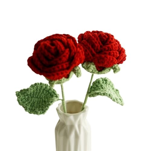 BTYQKZVPM，Häkelblumen,Gestrickte Blumen， 2PCS Knitted Artificial Flowers Crochet Handmade Red Rose Wedding Home Party Table Decoration for Woman(Red) von BTYQKZVPM