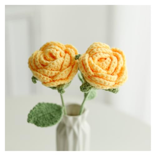 BTYQKZVPM，Häkelblumen,Gestrickte Blumen， 2PCS Knitted Artificial Flowers Crochet Handmade Red Rose Wedding Home Party Table Decoration for Woman(Yellow) von BTYQKZVPM