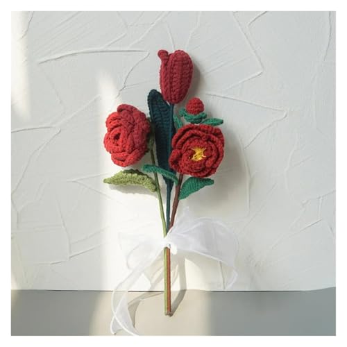 BTYQKZVPM，Häkelblumen,Gestrickte Blumen， Hand-Knitted Tulip Rose Crochet Flowers Artificial Flower Bouquet Homemade Desktop Decor Birthday Wedding Giftware(6) von BTYQKZVPM