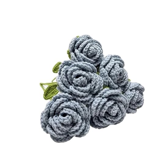 BTYQKZVPM，Häkelblumen,Gestrickte Blumen， Handmade Knitted Rose Artificial Flowers Braided Fake Flower Crochet Bouquet Decoration Table Ornament(6pcs Blue1) von BTYQKZVPM