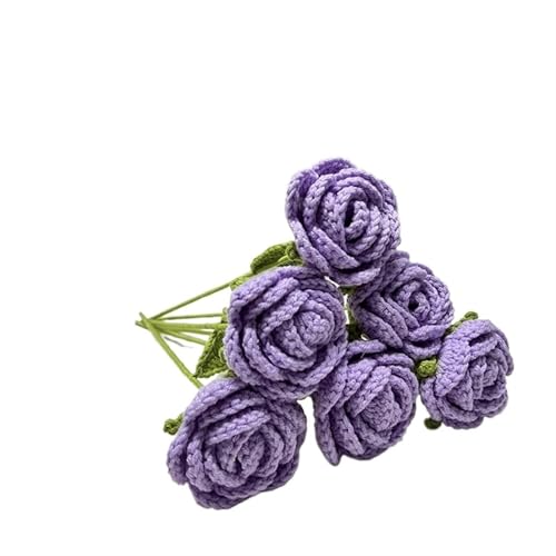 BTYQKZVPM，Häkelblumen,Gestrickte Blumen， Handmade Knitted Rose Artificial Flowers Braided Fake Flower Crochet Bouquet Decoration Table Ornament(6pcs Purple) von BTYQKZVPM