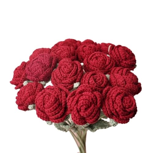 BTYQKZVPM，Häkelblumen,Gestrickte Blumen， Knitting Crochet Red Rose Flower Bouquet Handmade Knitted Artificial Fake Flower Wedding Party Home Decoration von BTYQKZVPM