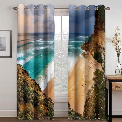 BTYWH Blickdichte Vorhänge mit Ösen Strand 3D Verdunkelungsvorhang 2er Set 132 x 160 cm Berglandschaft Thermovorhang Kälteschutz Gardine Polyester für Schlafzimmer Kinderzimmer Wohnzimmer Dekoration von BTYWH