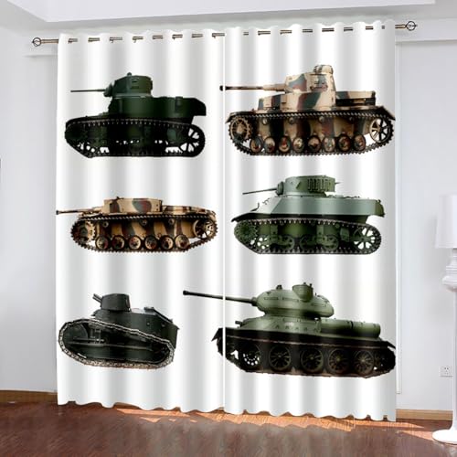 BTYWH Verdunkelungsvorhang kinderzimmer, Kraftfahrzeuge 3D Druckmuster vorhänge mit ösen Schlafzimmer 2er Set 132 x 160 cm Panzerwagen Blickdicht Vorhang für Kinder Jungen Mädchen Wohnzimmer von BTYWH