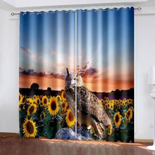 Blickdichte Vorhänge mit Ösen Tier 3D Verdunkelungsvorhang 2er Set 150 x 166 cm Sonnenblume Blume Thermovorhang Kälteschutz Gardine Polyester für Schlafzimmer Kinderzimmer Wohnzimmer Dekoration von BTYWH