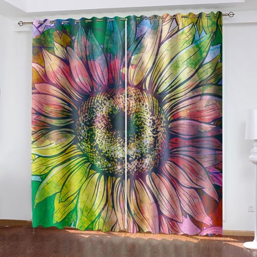 Bunt Blickdichte Vorhänge mit Ösen Gardinen 2er Set, Verdunkelungsvorhang Thermovorhang Hitzeschutz, Abstrakte Sonnenblume Ösenvorhang für Schlafzimmer Wohnzimmer Kinderzimmer 132 x 160 cm (B x H) von BTYWH