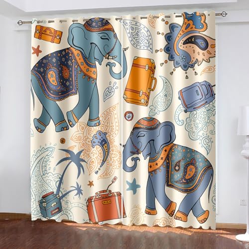 Elefant. Blickdichte Vorhänge mit Ösen Gardinen 2er Set, Verdunkelungsvorhang Thermovorhang Hitzeschutz, Gepäck-Muster Ösenvorhang für Schlafzimmer Wohnzimmer Kinderzimmer 150 x 166 cm (B x H) von BTYWH