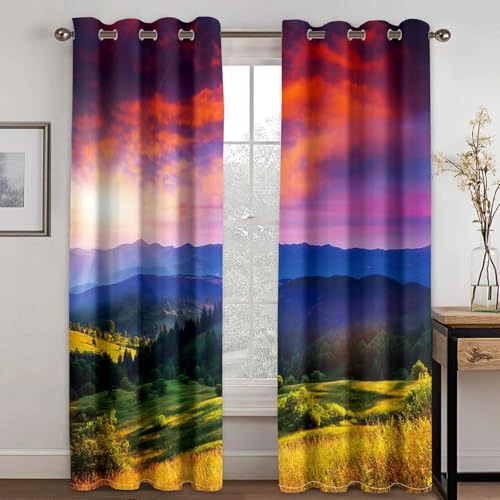 Gardinen Blickdichter, Thermovorhang Landschaft 132 x 160 cm Ösenvorhang 2er Set Wald Berg 3D Druck Vorhang Verdunkelung mit Ösen für Schlafzimmer Wohnzimmer Kinderzimmer von BTYWH