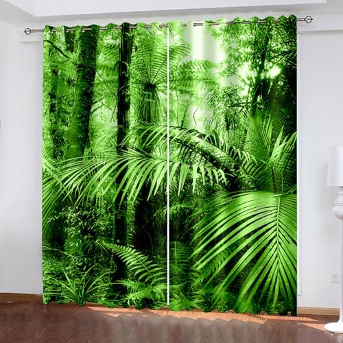 Gardinen Vorhänge mit Ösen, Wald Vorhänge Wohnzimmer Modern 2er Set, Vorhang Schlafzimmer Transparent mit Dschungel-Landschaft, Vorhang Kinderzimmer Küchengardinen 132 x 160 cm (B x H) von BTYWH