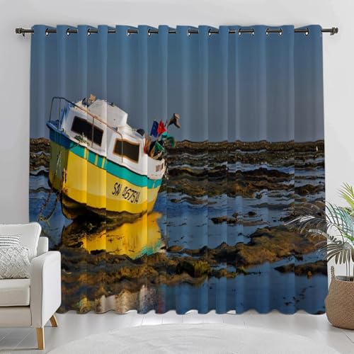 Jacht Blickdichte Vorhänge mit Ösen Gardinen 2er Set, Verdunkelungsvorhang Thermovorhang Hitzeschutz, Strand Landschaft Ösenvorhang für Schlafzimmer Wohnzimmer Kinderzimmer 150 x 166 cm (B x H) von BTYWH