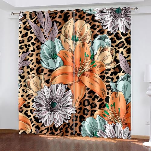 Verdunkelungsvorhang kinderzimmer, Blume 3D Druckmuster vorhänge mit ösen Schlafzimmer 2er Set 132 x 160 cm Leopard Blume Blickdicht Vorhang für Kinder Jungen Mädchen Wohnzimmer von BTYWH