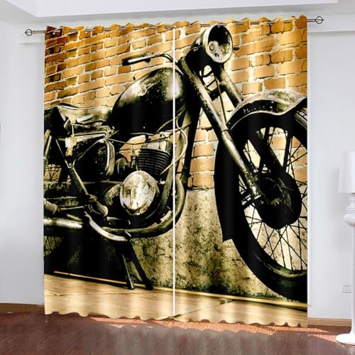 Vintage Blickdichte Vorhänge mit Ösen Gardinen 2er Set, Verdunkelungsvorhang Thermovorhang Hitzeschutz, Motorrad Druck Ösenvorhang für Schlafzimmer Wohnzimmer Kinderzimmer 132 x 160 cm (B x H) von BTYWH