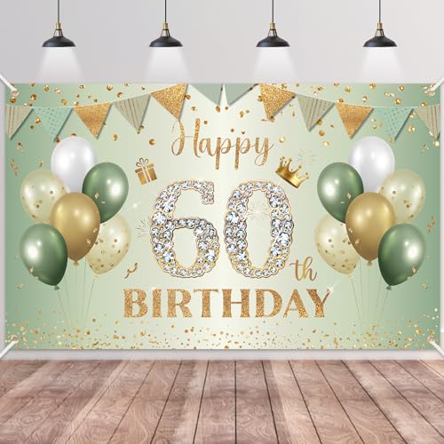 60.Geburtstag Banner Grün Gold,BTZO 60.Geburtstagsbanner,Deko 60 Geburtstag Dekoration Banner Hintergrund für 60 Frauen und Männer Geburtstagsfeier Deko von BTZO