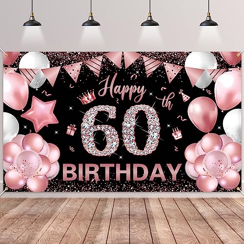 60.Geburtstag Banner Roségold Schwarz,BTZO 60.Geburtstagsbanner,Deko 60 Geburtstag Dekoration Banner Hintergrund für 60 Frauen und Männer Geburtstagsfeier Deko von BTZO